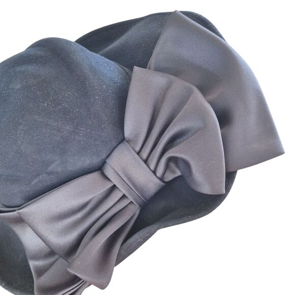 Vintage Mr. John Classic Wool Hat Wide Brim Satin Bow Navy Blue MCM Made in USA - Picture 6 of 13